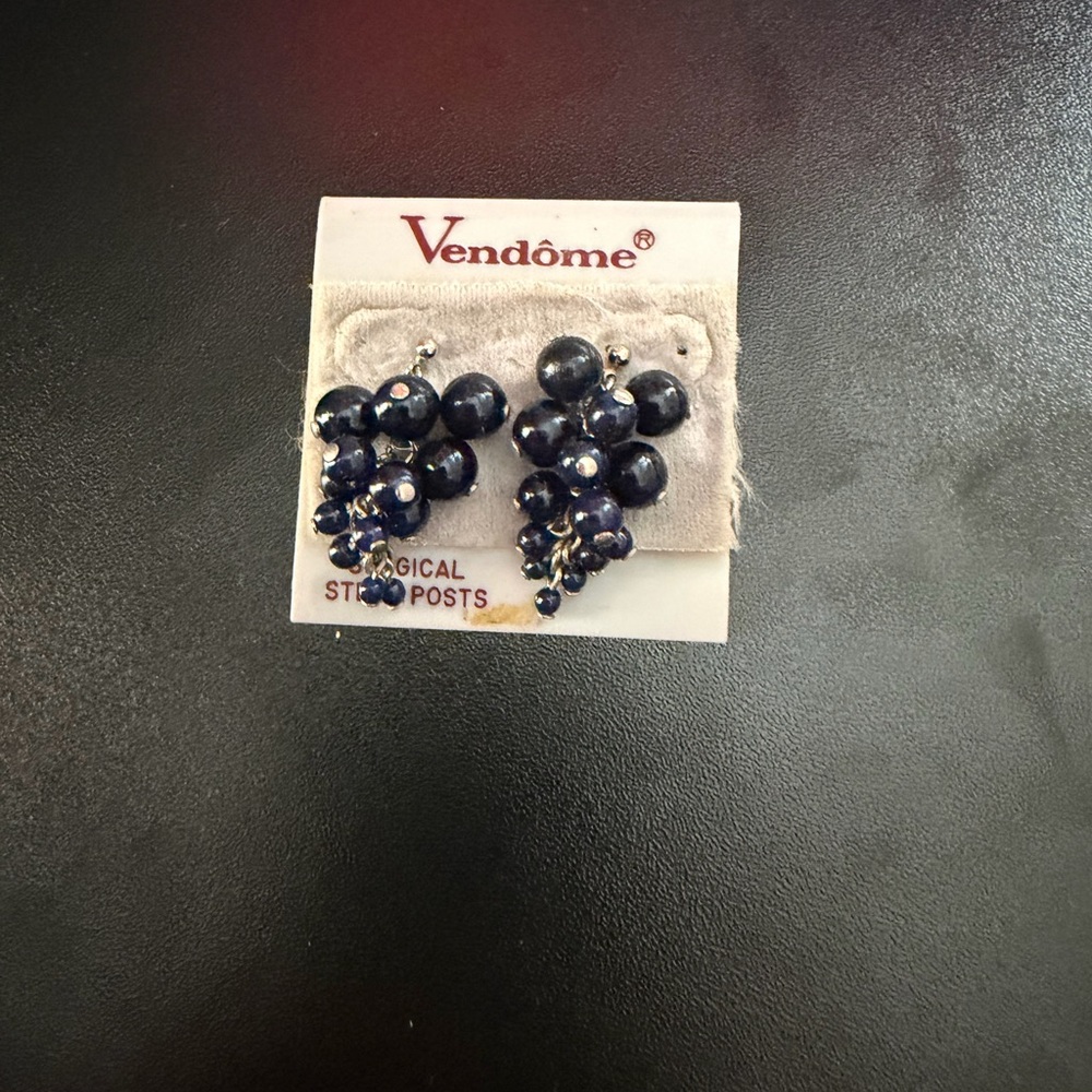 vintage Vendôme cluster earrings. dark blue bead grapes in a dangle style.